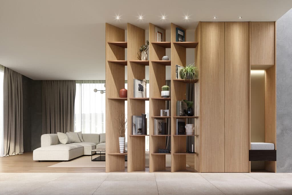Moderne woonkamer met houten scheidingswand
